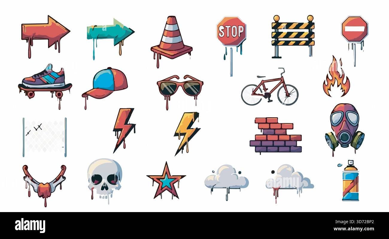 Éléments de graffiti. Collection d'icônes vectorielles inspirées du Street art. Symboles de grunge urbain : flèche, crâne, mur de briques, bombe aérosol, et plus encore. Illustration de Vecteur