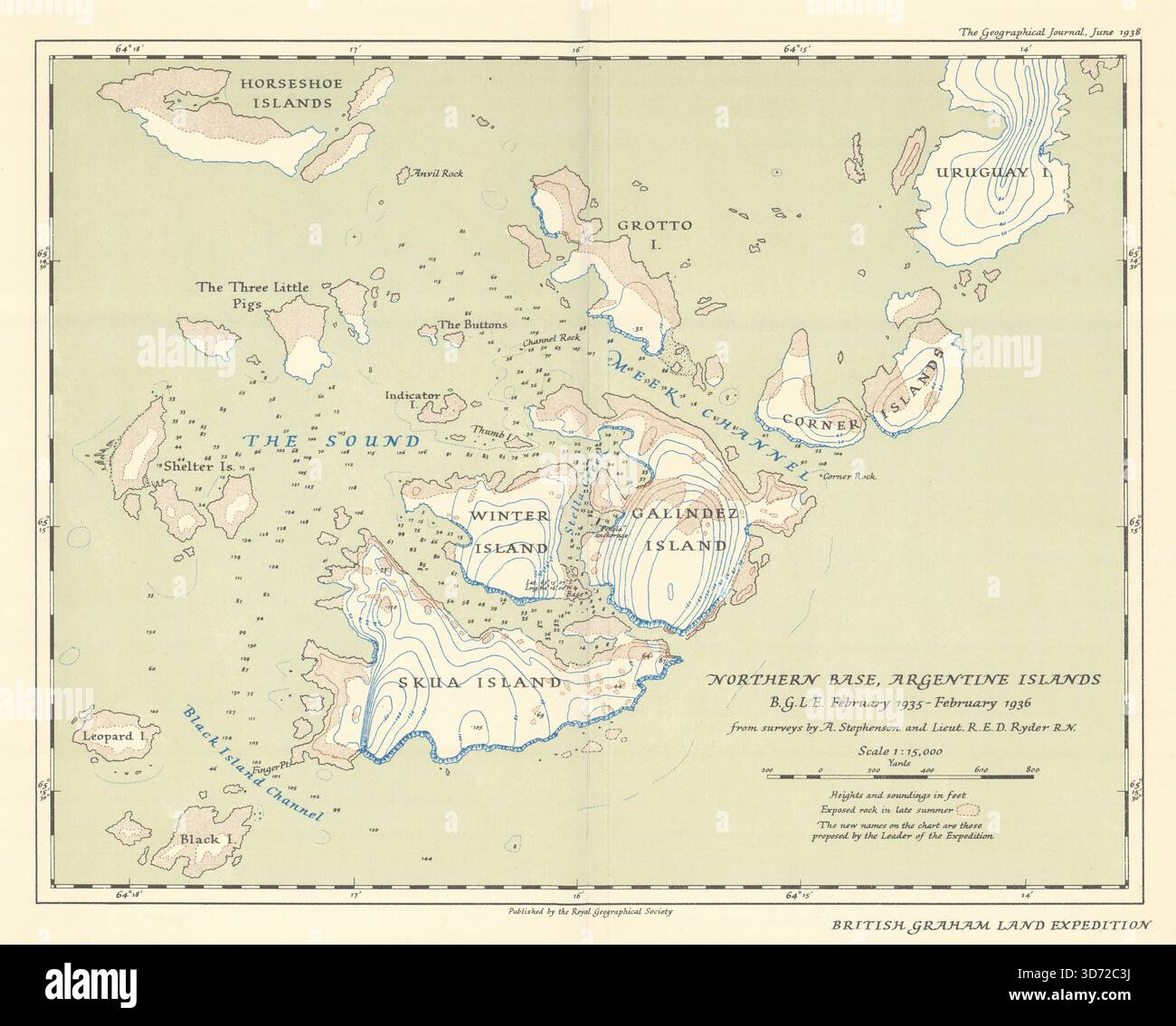 Îles argentines, Antarctique. British Graham Land Expedition/RGS 1938 carte ancienne Banque D'Images