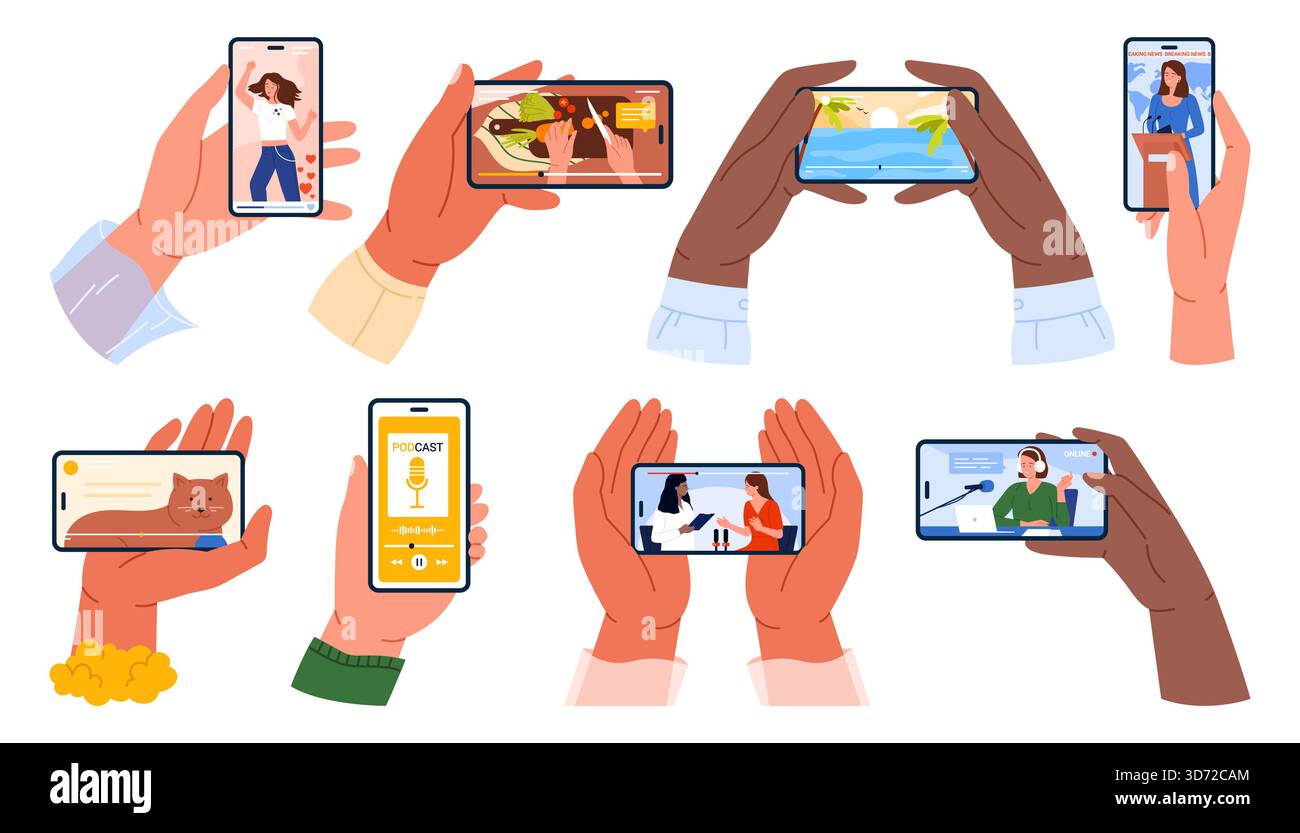 Diverses mains tenant des smartphones affichant des podcasts, des nouvelles, des appels vidéo et du streaming en direct, représentant la consommation et la communication de médias numériques modernes, isolés sur fond blanc illustration vectorielle Illustration de Vecteur