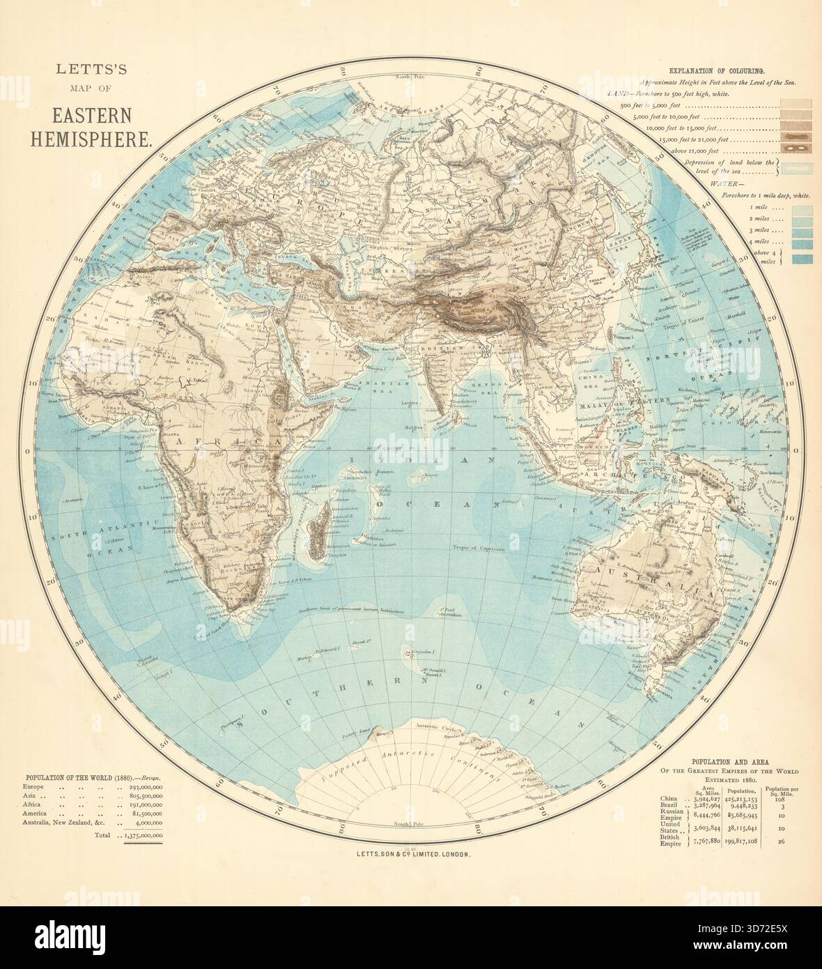 Secours de L'HÉMISPHÈRE ORIENTAL. Europe Afrique Asie Australie. LETTS 1892 carte ancienne Banque D'Images
