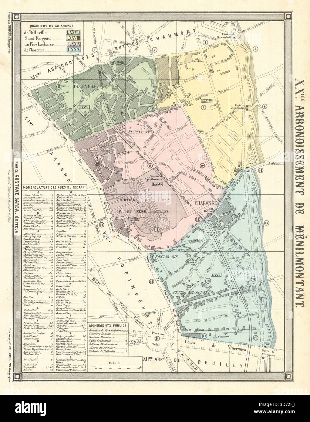 PARIS 20e 20e arrondissement XXme de Ménilmontant. BARBA 1860 ancienne carte antique Banque D'Images