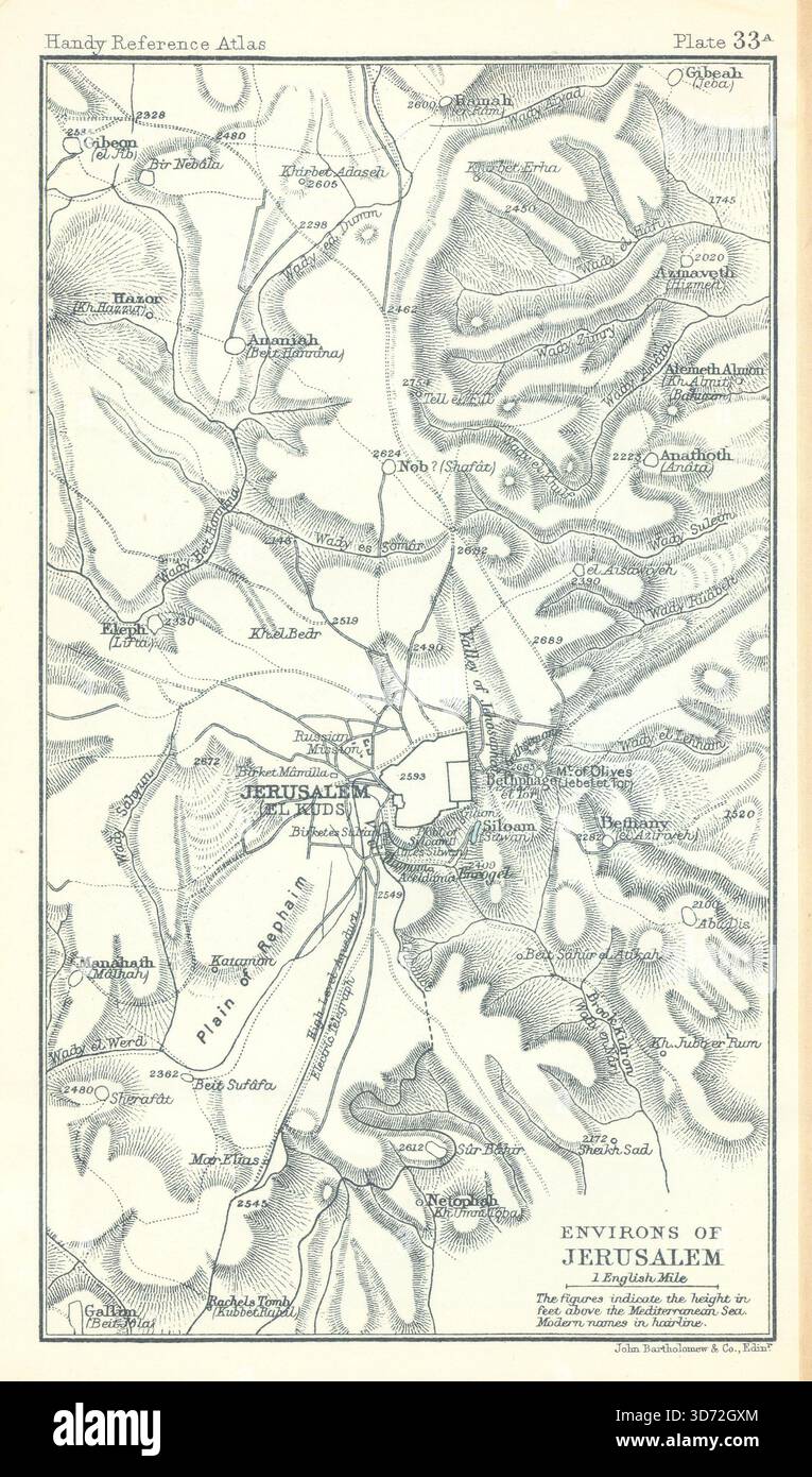 Environs de Jérusalem. Israël Palestine. BARTHOLOMEW 1909 ancienne carte antique Banque D'Images