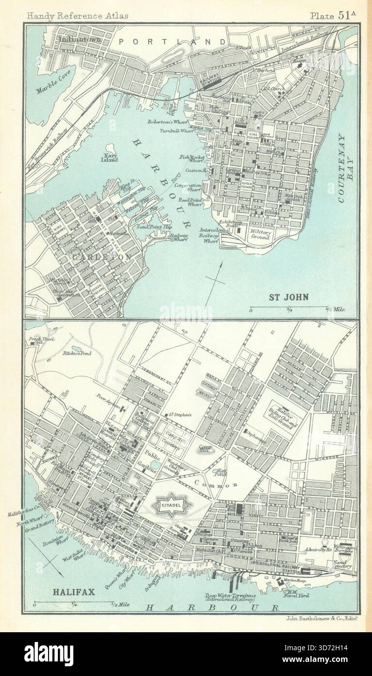 Halifax &. John plans de ville. Canada. BARTHOLOMEW 1909 ancienne carte antique Banque D'Images
