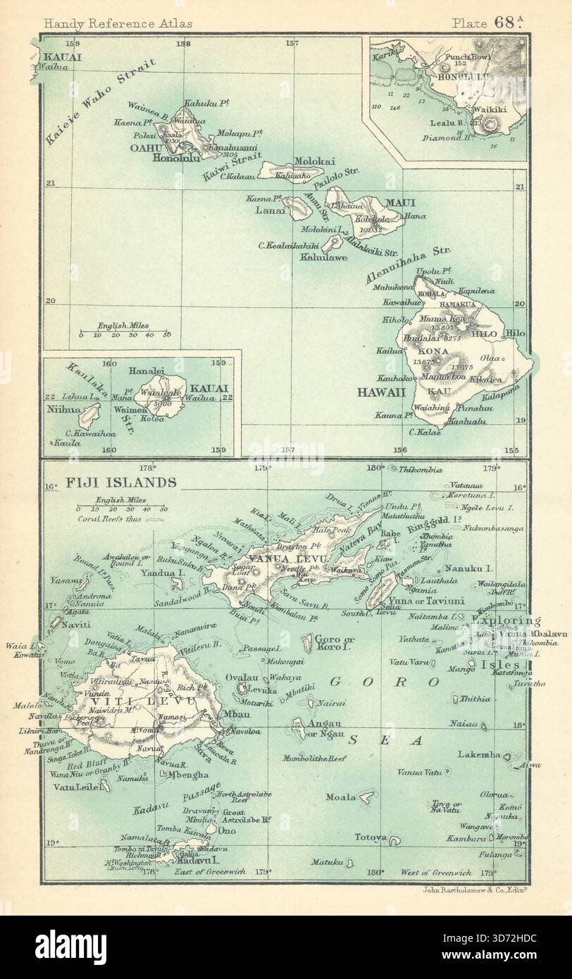 Hawaï et les îles Fidji. Kauai. Honolulu. BARTHOLOMEW 1909 ancienne carte antique Banque D'Images
