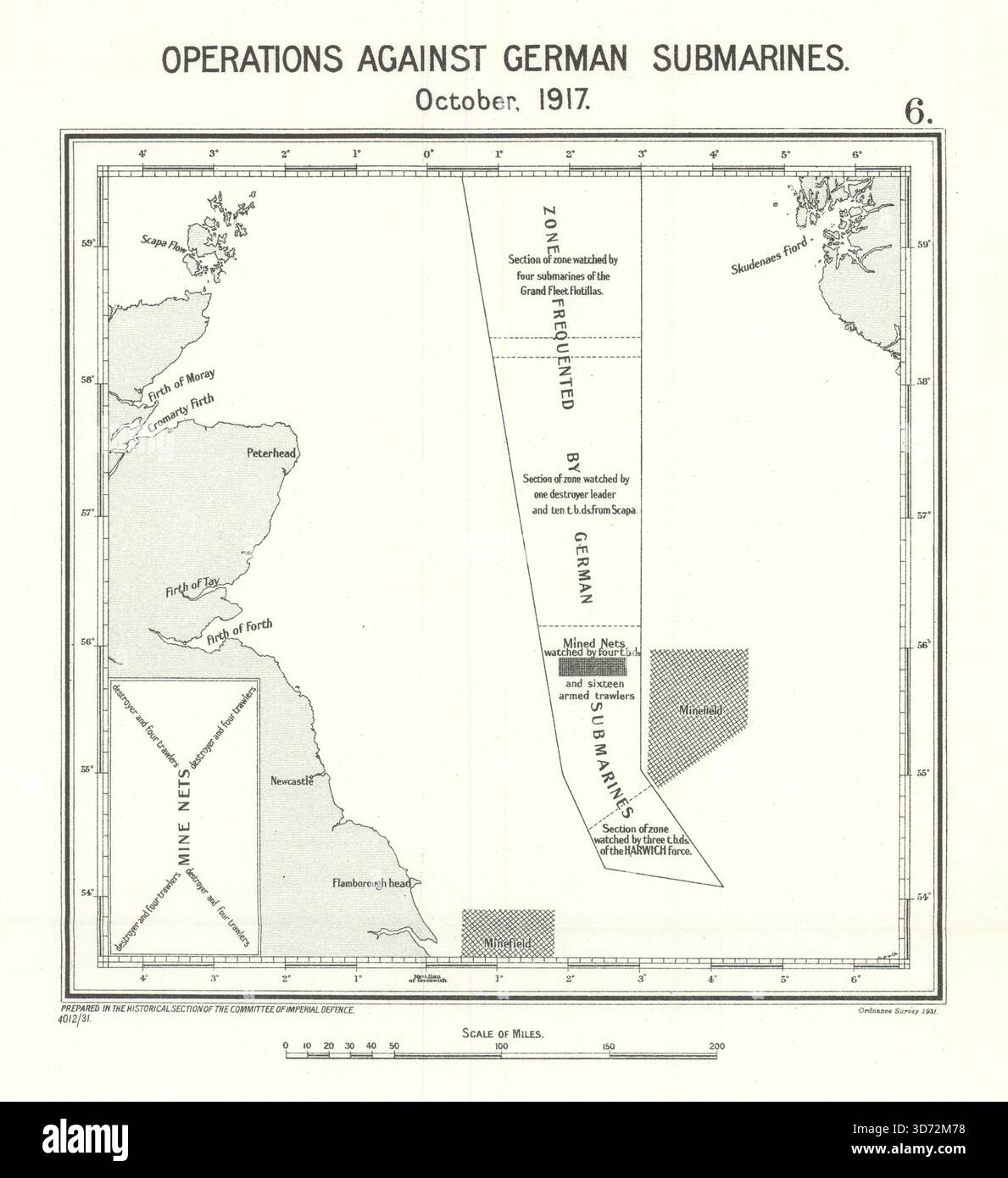 Il participe aux opérations alliées anti-U/sous-marines octobre 1917. Mer du Nord. WW1 1931 carte Banque D'Images