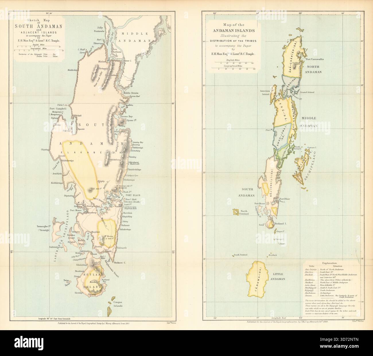 Îles Andaman illustrant la distribution tribale. Man/Temple/RGS 1880 carte ancienne Banque D'Images