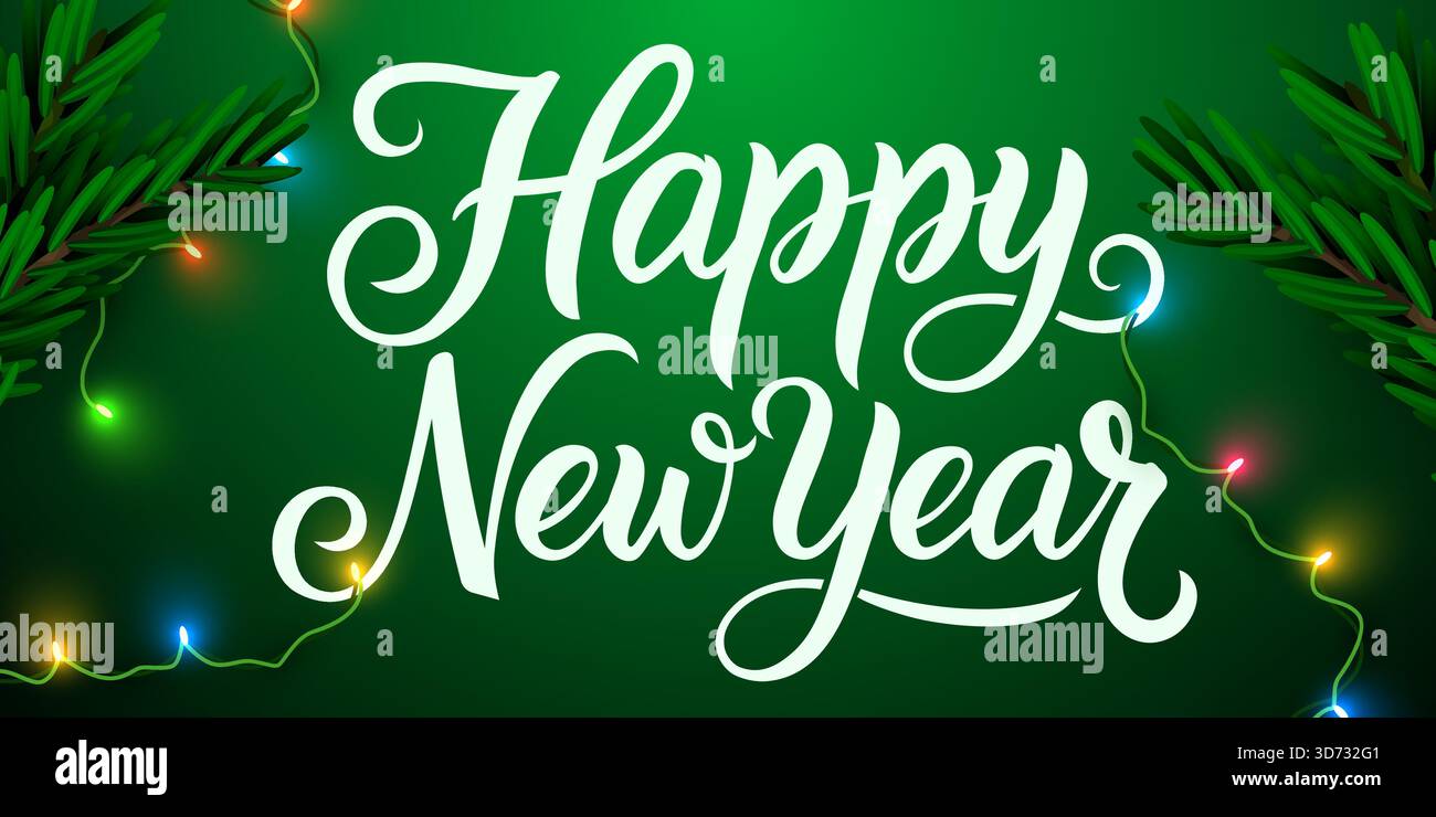 Lettrage festif du nouvel an sur vert vif avec des lumières de Noël colorées et des branches de pin. Illustration vectorielle Illustration de Vecteur
