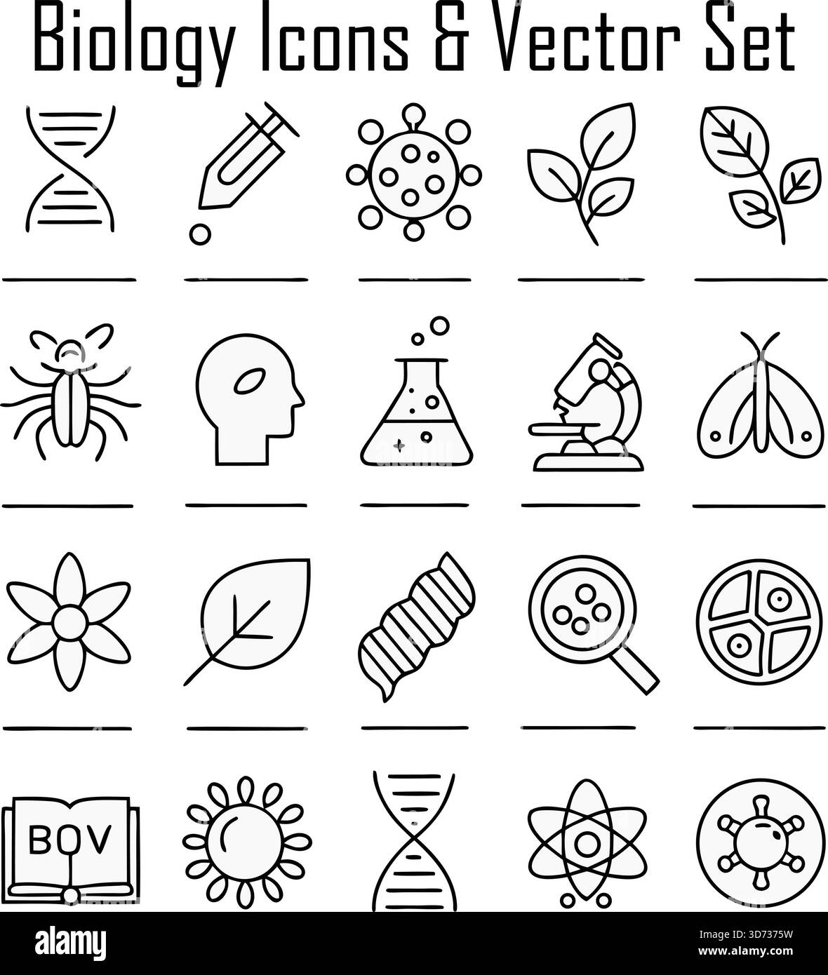 Ensemble d'icônes de biologie – cellules, ADN, micro-organismes, symboles scientifiques Illustration de Vecteur