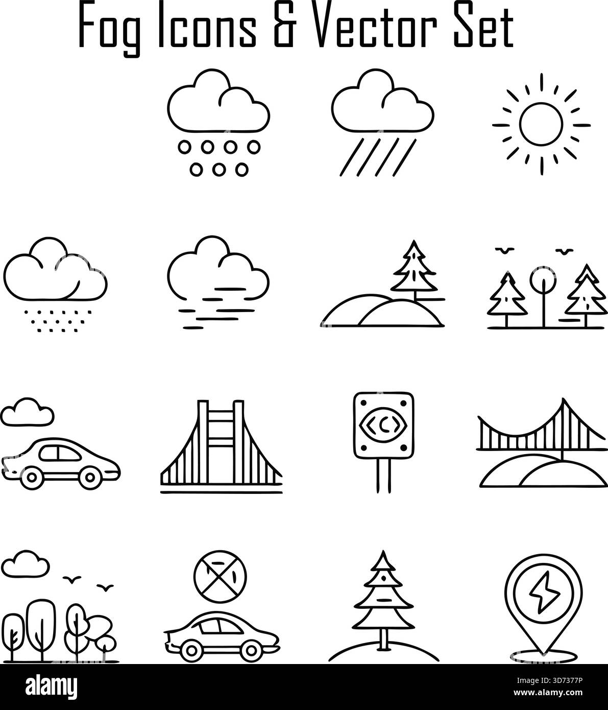 Icônes de brouillard et ensemble de vecteurs – symboles météo, brume, brume, éléments climatiques, Pack d'illustrations atmosphériques Illustration de Vecteur