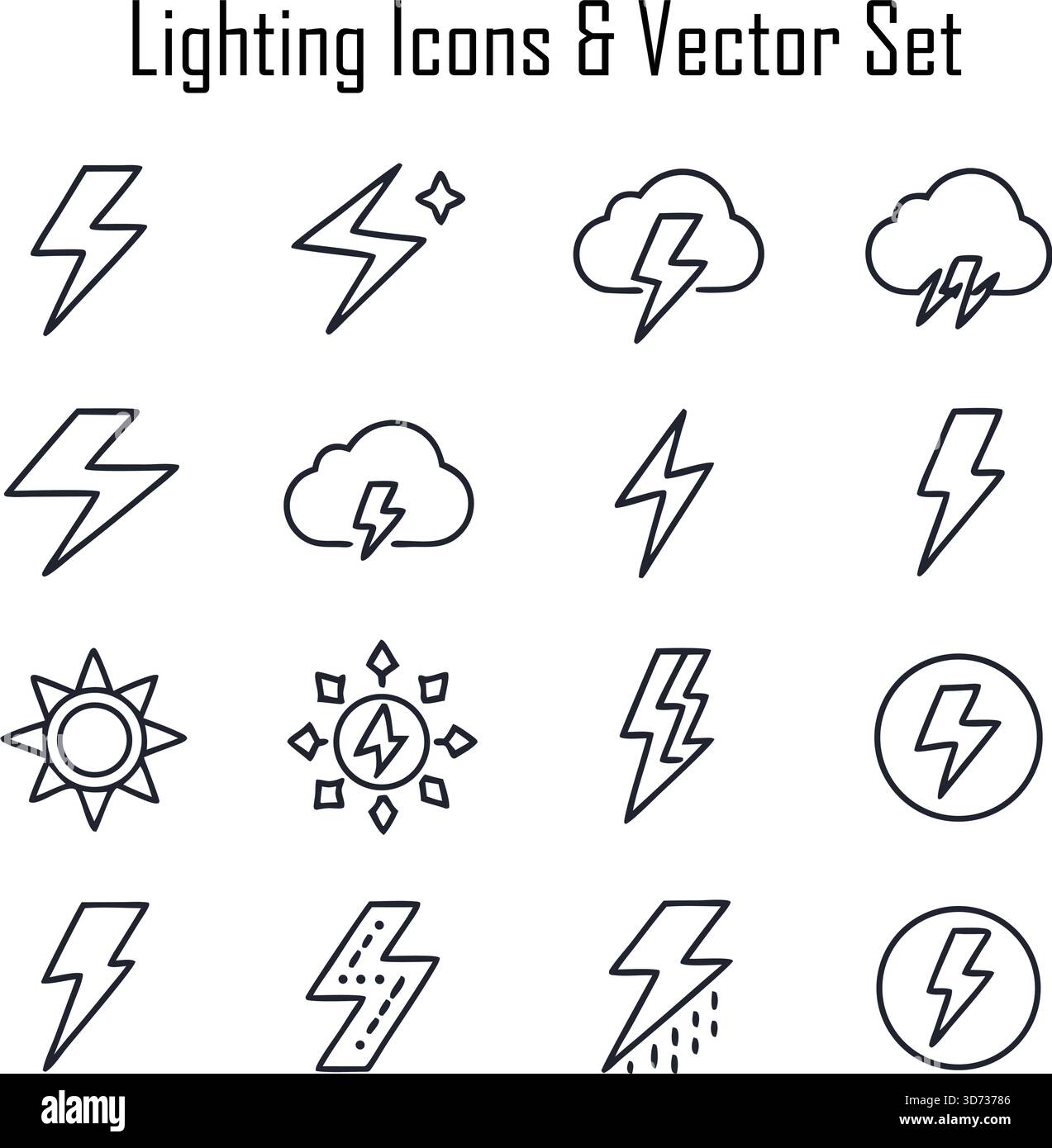 Icônes d'éclairage et ensemble vectoriel – électricité, lampes, ampoules, symboles d'énergie, illustrations d'équipement électrique Illustration de Vecteur
