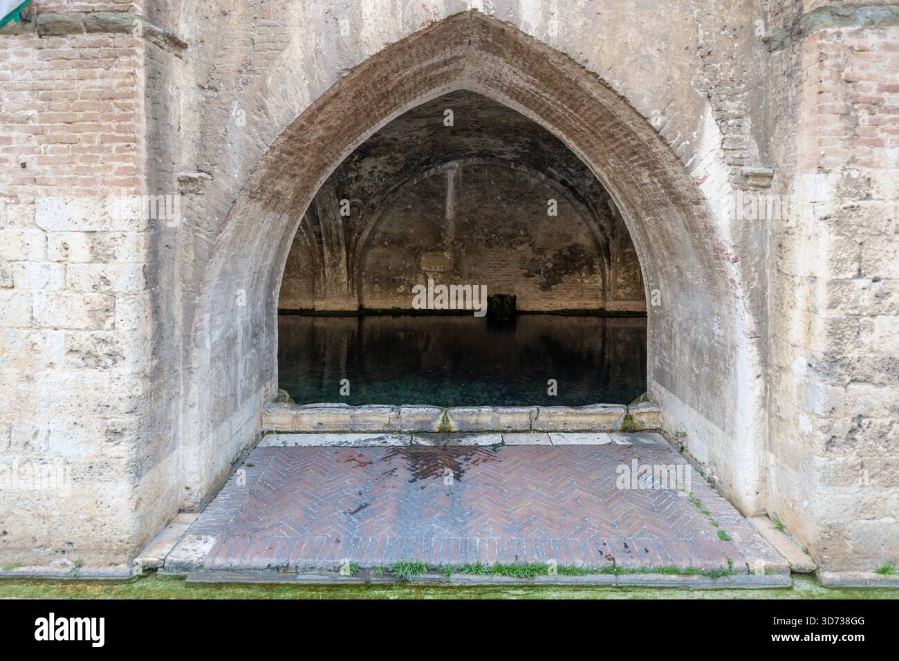 Fontebranda, fontaine médiévale, Sienne. Arc gothique, pierre, brique, origine du XIIIe siècle. Référence historique dans la Divine Comédie de Dante. Eau réfléchissante Banque D'Images