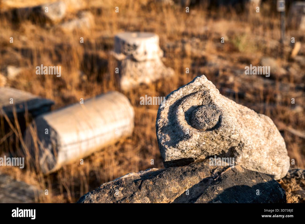 Fragment de colonne de marbre altéré d'un ancien site archéologique près de Panormos, en Crète, photographié dans la lumière chaude du soir. Gros plan Banque D'Images