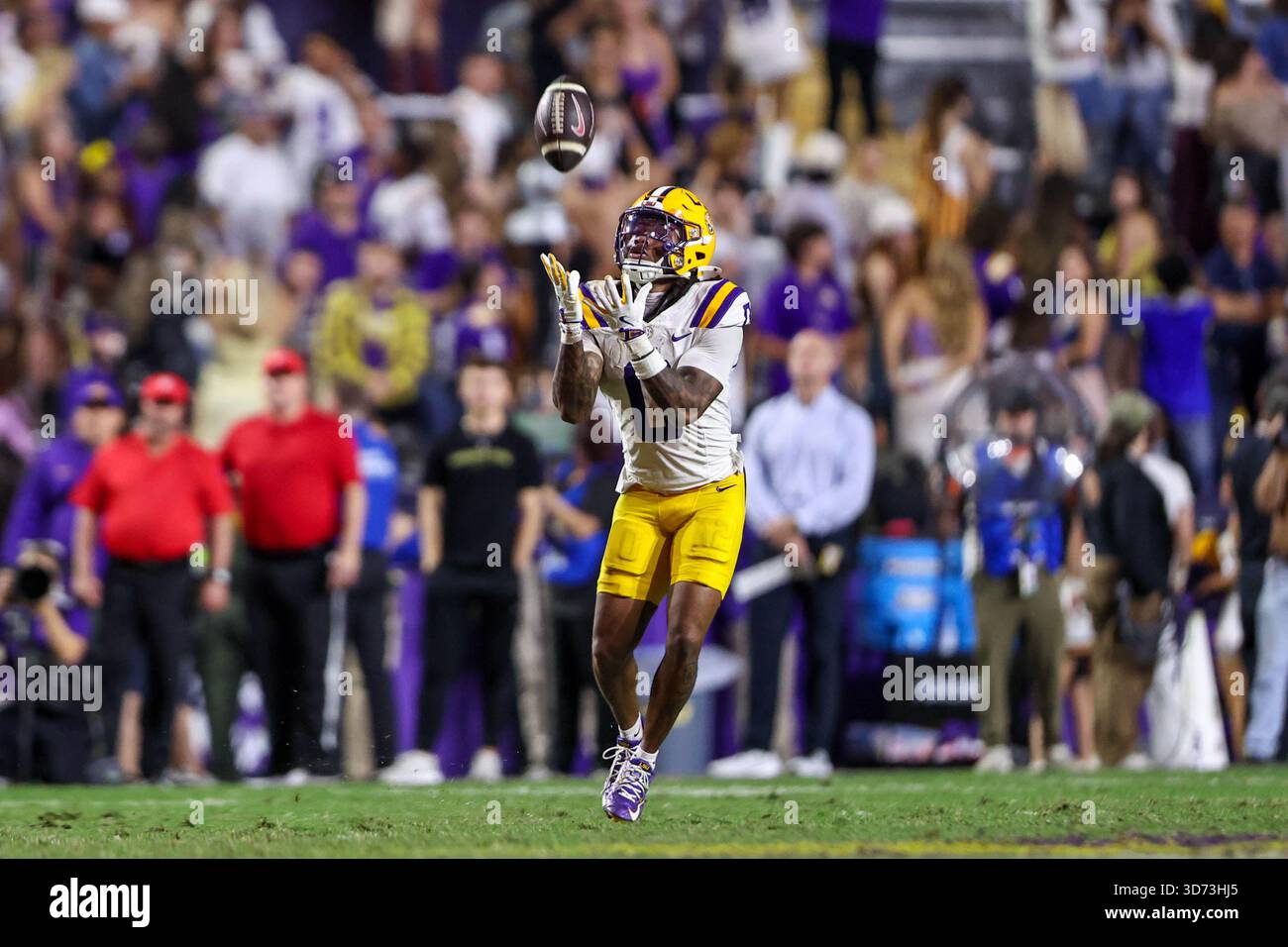 Baton Rouge, LOUISIANE, États-Unis. 22 novembre 2025. Zavion Thomas de LSU (0) regarde dans un punt lors d'un match de football NCAA entre les Hilltoppers du Kentucky occidental et les Tigers de LSU au Tiger Stadium de Baton Rouge, EN LOUISIANE. Jonathan Mailhes/CSM/Alamy Live News Banque D'Images