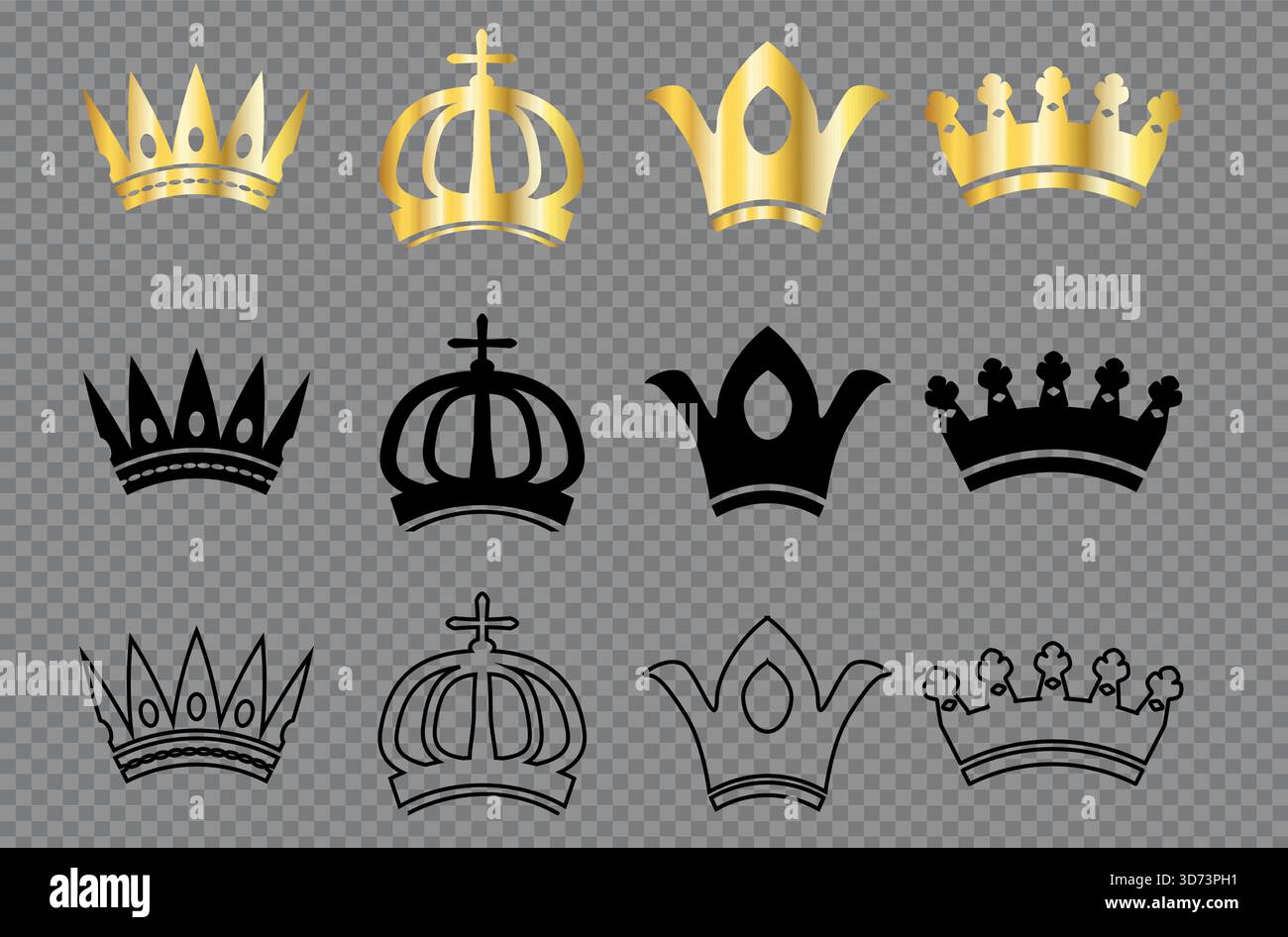 Ensemble d'icônes de couronne dorée et noire sur fond transparent Illustration de Vecteur