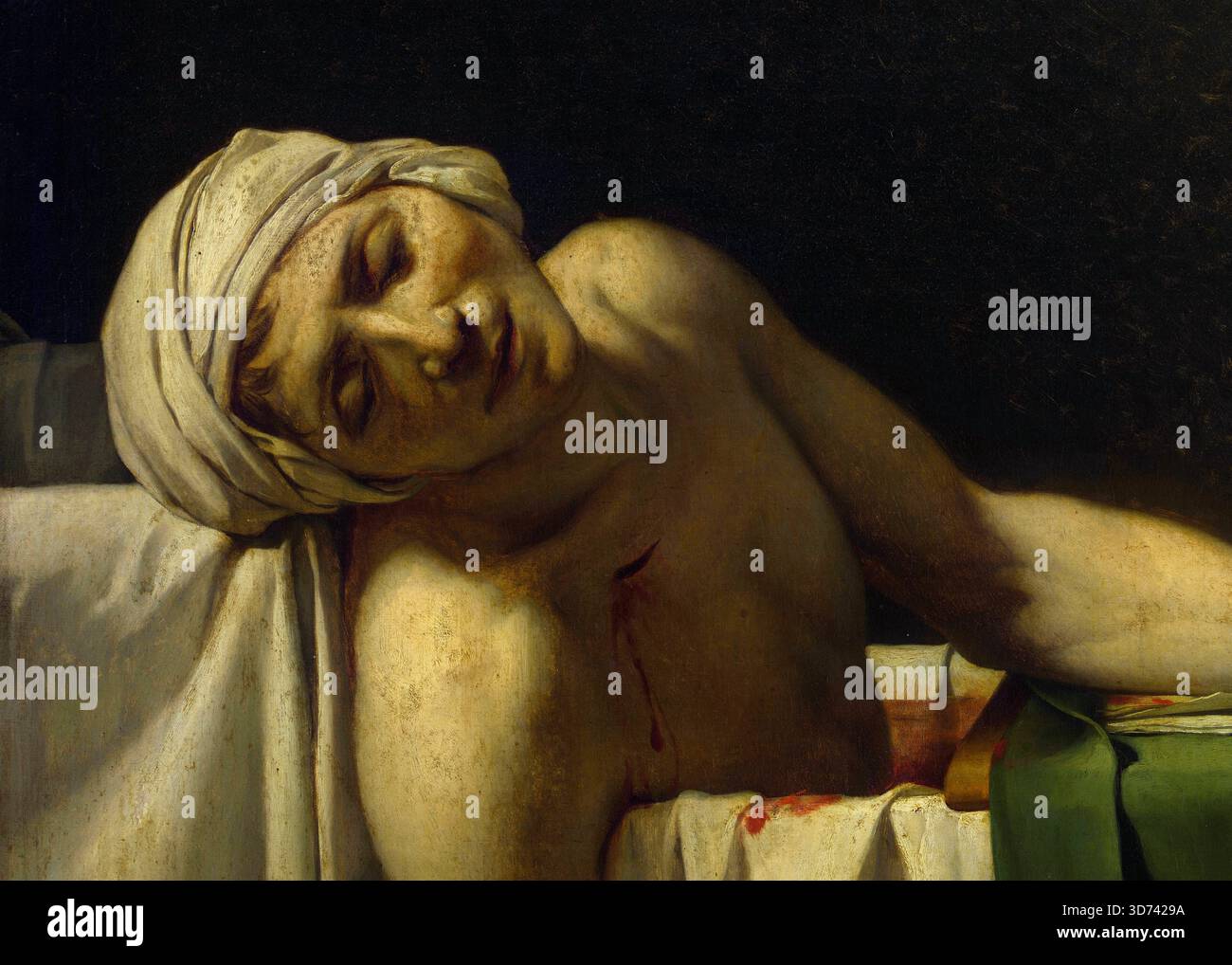 La mort de Marat, détail de la peinture à l'huile de 1793 de l'artiste français Jacques-Louis David (1748-1825) montrant le révolutionnaire assassiné Jean-Paul Marat (1743-1793) allongé dans sa baignoire avec une expression sereine. Voir l'image 3D7429D pour la peinture complète. Banque D'Images