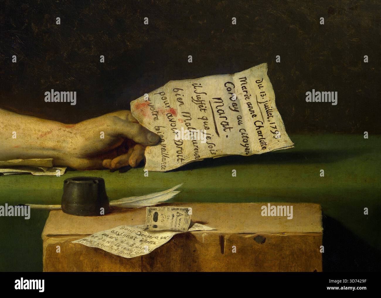 La mort de Marat (la mort de Marat), détail de la peinture à l'huile de 1793 de l'artiste français Jacques-Louis David (1748-1825) montrant le révolutionnaire assassiné Jean-Paul Marat (1743-1793) tenant la note de son Murdere Charlotte Corday qui dit : « il me suffit d'être vraiment misérable d'avoir droit à votre gentillesse ». Voir l'image 3D7429D pour la peinture complète. Banque D'Images