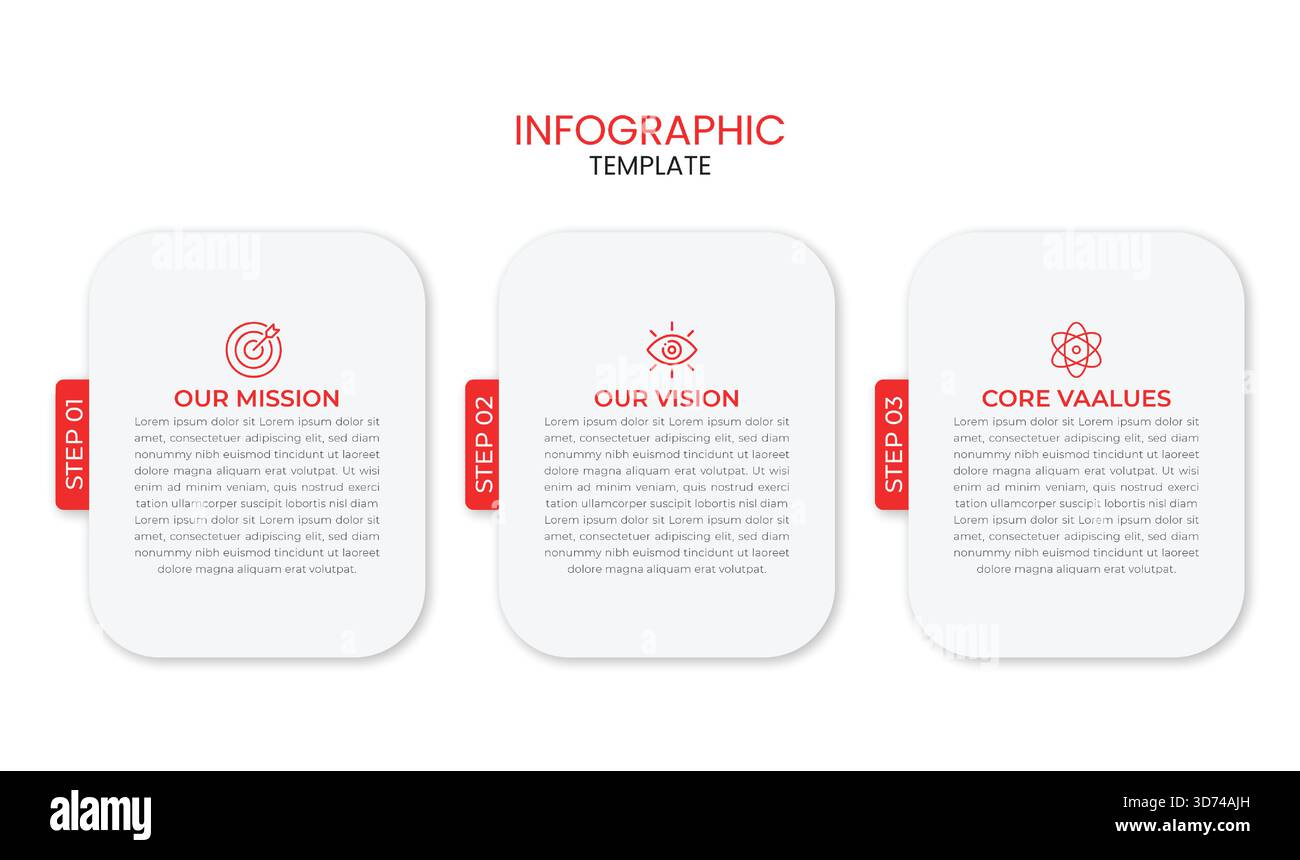 Modèle d'infographie d'entreprise moderne en 3 étapes avec des accents rouges et des icônes pour la mission, la vision et les valeurs fondamentales. Idéal pour les présentations, les rapports. Illustration de Vecteur