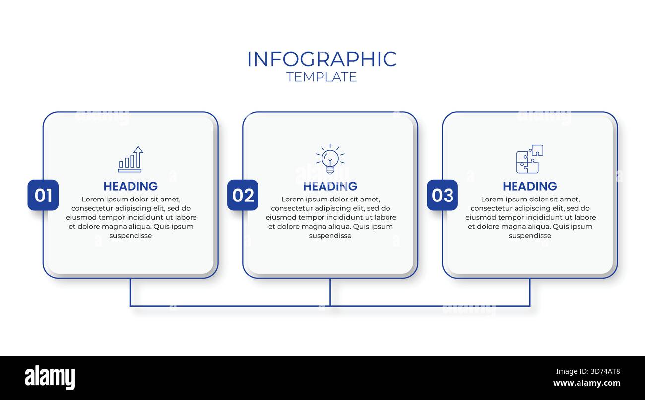 Modèle infographique moderne en trois étapes avec des icônes de ligne violette et une disposition carrée minimale. Idéal pour les présentations professionnelles, le workflow, les données et les rapports Illustration de Vecteur