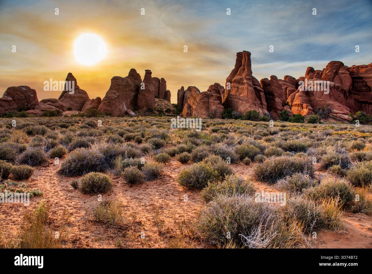 paysage rocheux du désert, canyon ensoleillé avec d'imposantes formations de grès et une végétation clairsemée. Arches Nationalpark, Moab dans l'Utah US. Banque D'Images