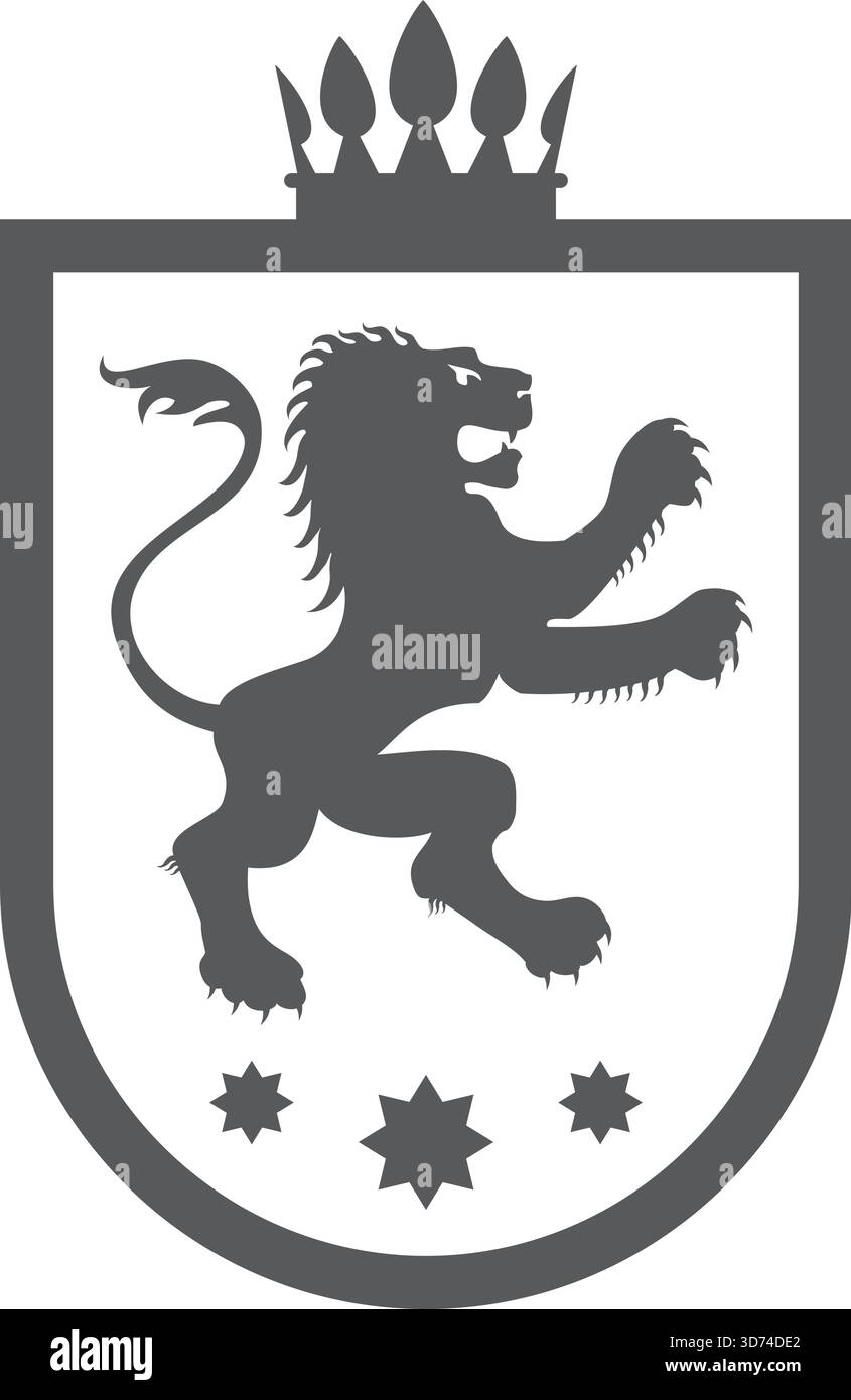 Une image en noir et blanc d'un lion avec une couronne sur sa tête. Le lion est debout sur un bouclier avec trois étoiles et une couronne Illustration de Vecteur