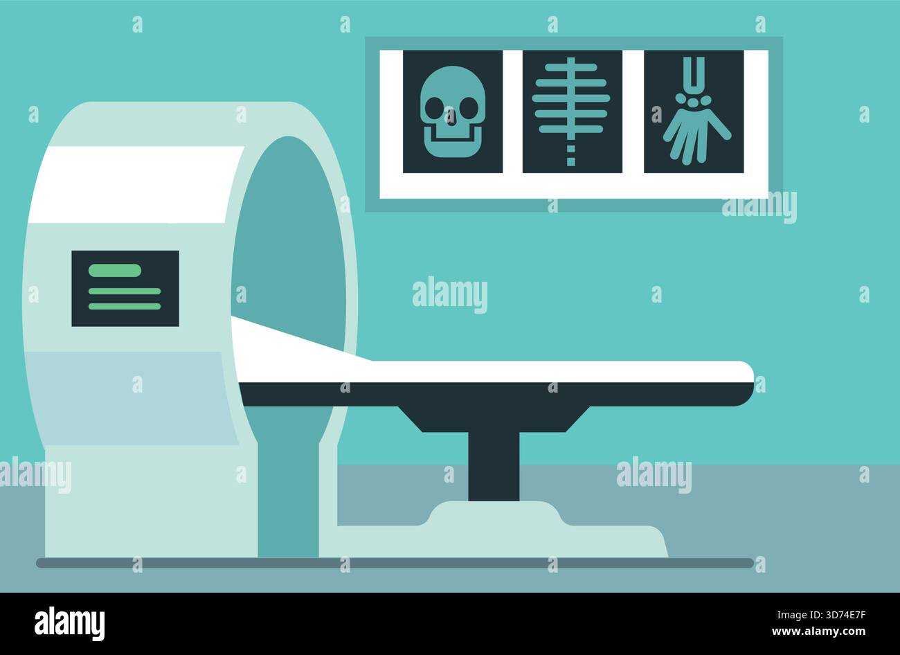 Une salle médicale avec un scanner CT et un crâne sur le mur. La chambre est propre et stérile, avec un lit blanc et un mur vert Illustration de Vecteur