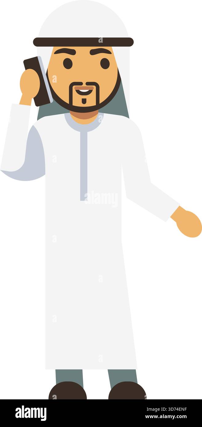 Un homme en robe blanche parle au téléphone portable. L'homme sourit et il apprécie sa conversation Illustration de Vecteur