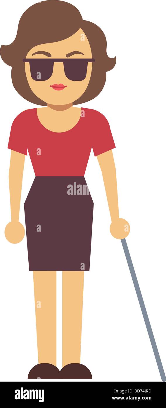 Une femme en chemise rouge et jupe noire porte des lunettes de soleil et tient une canne blanche. C'est une femme handicapée Illustration de Vecteur