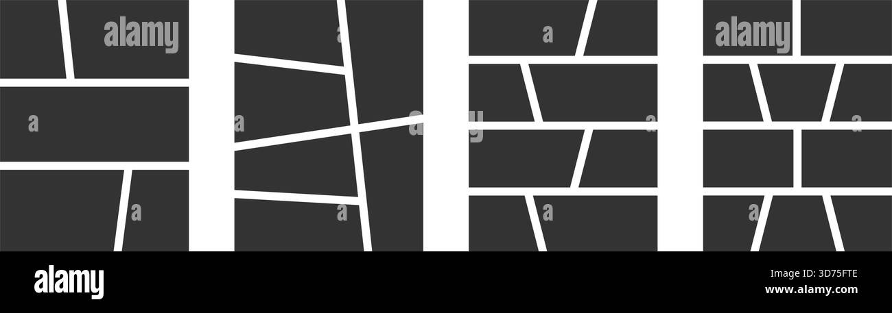 Ensemble de modèles de bande dessinée anime. Panneaux de page manga isolés sur fond blanc. Grilles pour storyboard de roman graphique. Mise en page de collages de photos, magazines, affiches ou brochures. Illustration vectorielle. Illustration de Vecteur