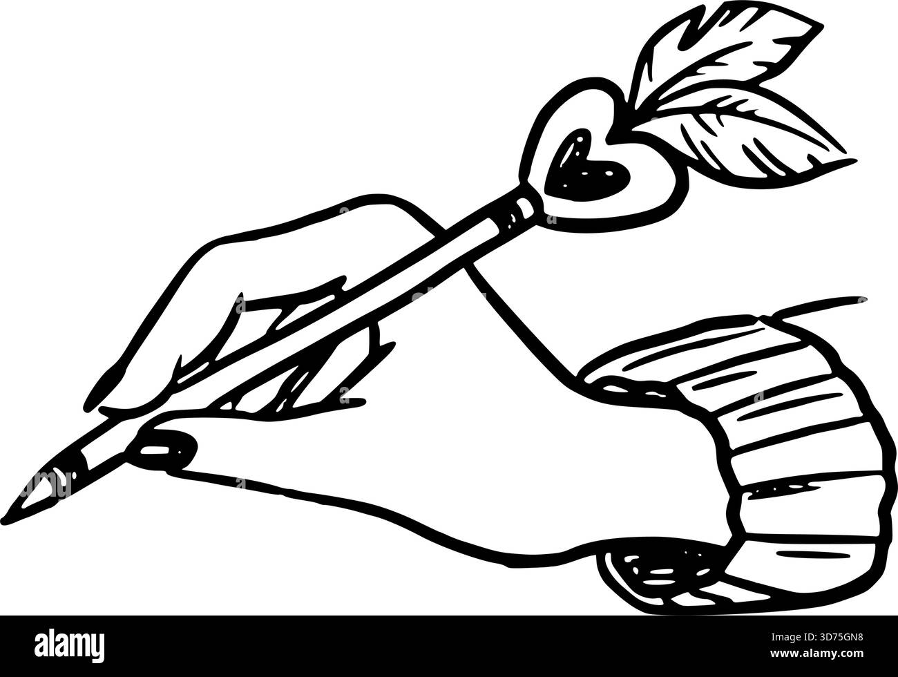 Écriture main de femme avec illustration vectorielle de crayon dans le dessin de style doodle contour dessiné à la main en noir et blanc. Art simple pour le design de la Saint-Valentin. Sympa pour une carte romantique. Idéal pour une note créative. Illustration de Vecteur