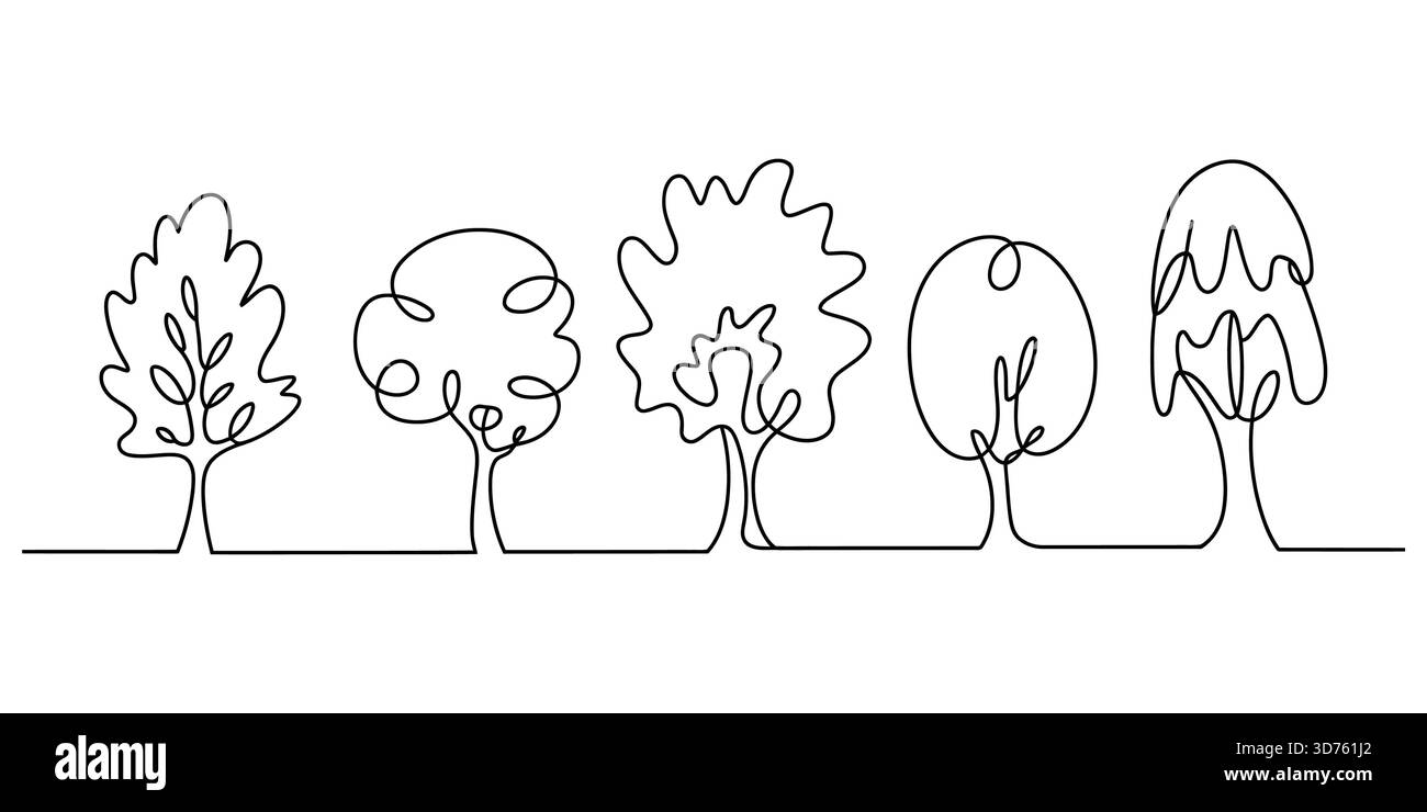 Dessin au trait continu de cinq arbres minimalistes différents, concept nature Illustration de Vecteur