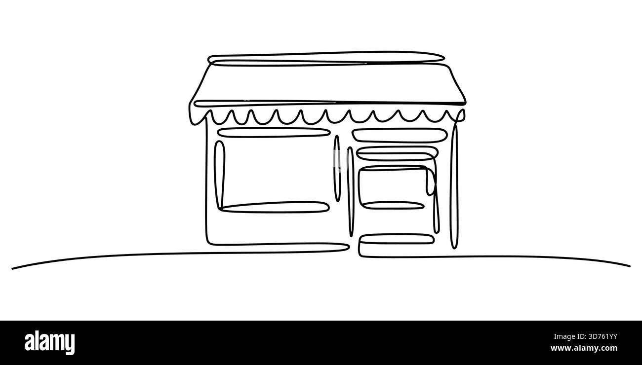 Dessin d'art au trait continu d'une petite vitrine minimaliste avec un auvent. Illustration de Vecteur
