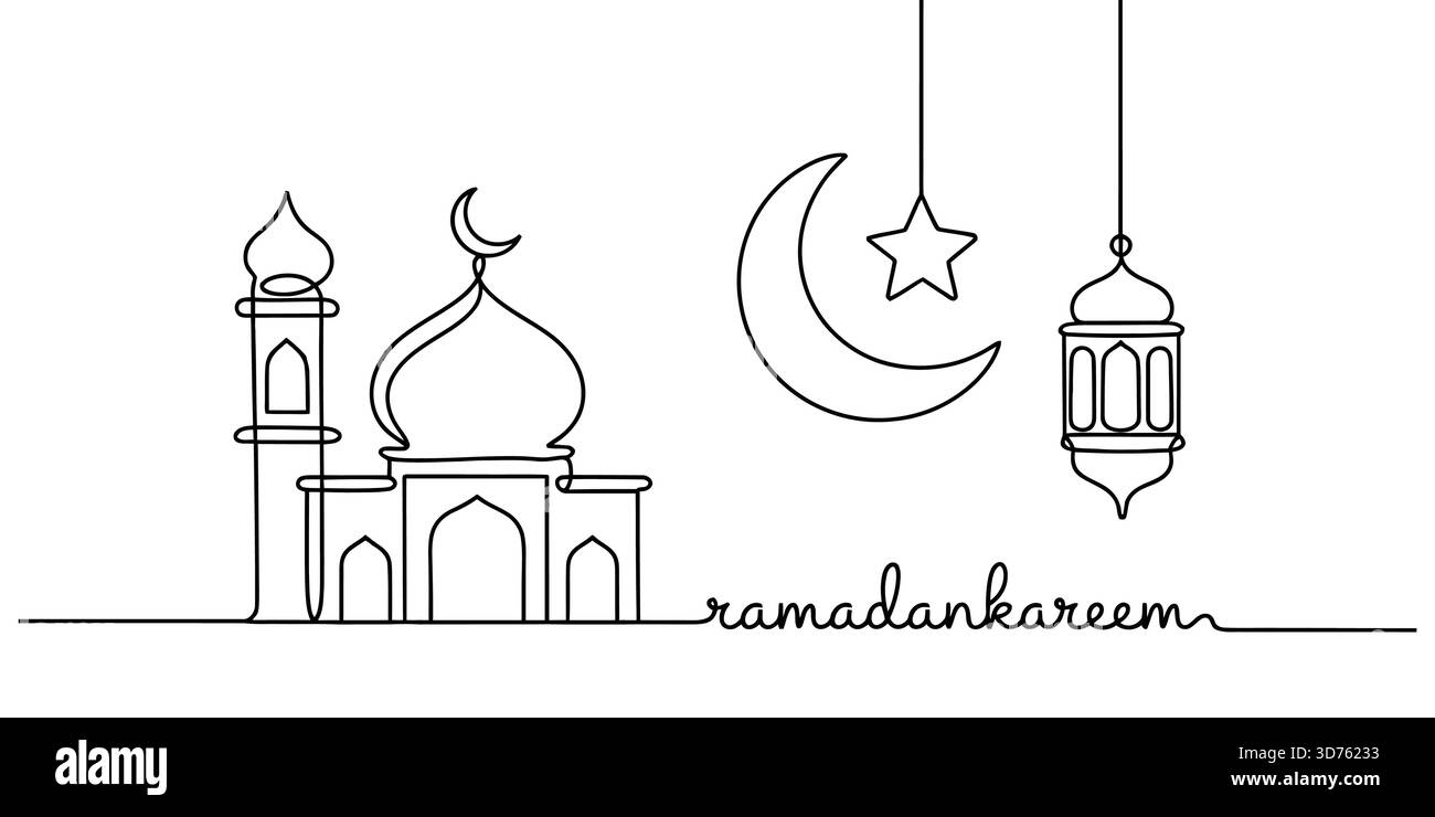 Art en ligne continue de mosquée, croissant de lune, étoile, lanterne pour ramadan kareem Illustration de Vecteur