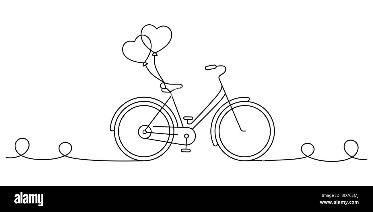 Illustration de bicyclette d'une seule ligne avec des ballons de coeur, romance et voyage Illustration de Vecteur