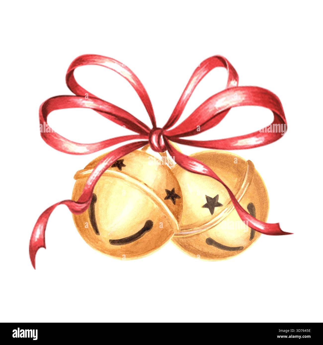 Cloches de jingle rondes dorées de Noël, illustration isolée à l'aquarelle pour desing festif. Décoration traditionnelle des vacances d'hiver dessinée à la main. Banque D'Images