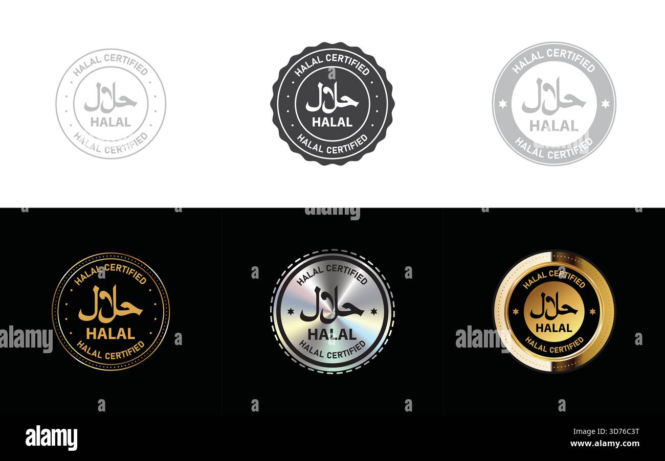 Ensemble d'icône halal, timbre, sceau, symbole et logo dans le vecteur de conception minimal, or, argent Illustration de Vecteur