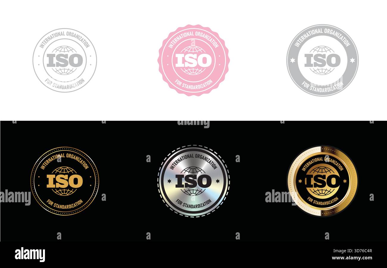 Organisation internationale de normalisation. Certificat ISO standard, logo, sceau, icône, timbre, vecteur de badge. Illustration de Vecteur