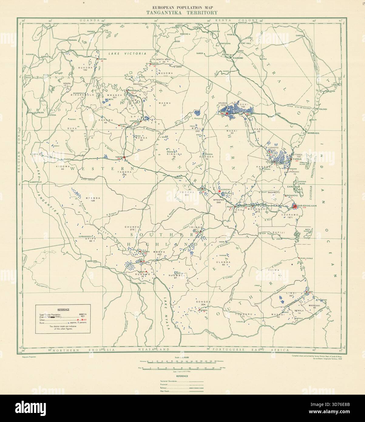 Carte de la population européenne du territoire du Tanganyika. Tanzanie. Département des terres et des Mines 1948 Banque D'Images