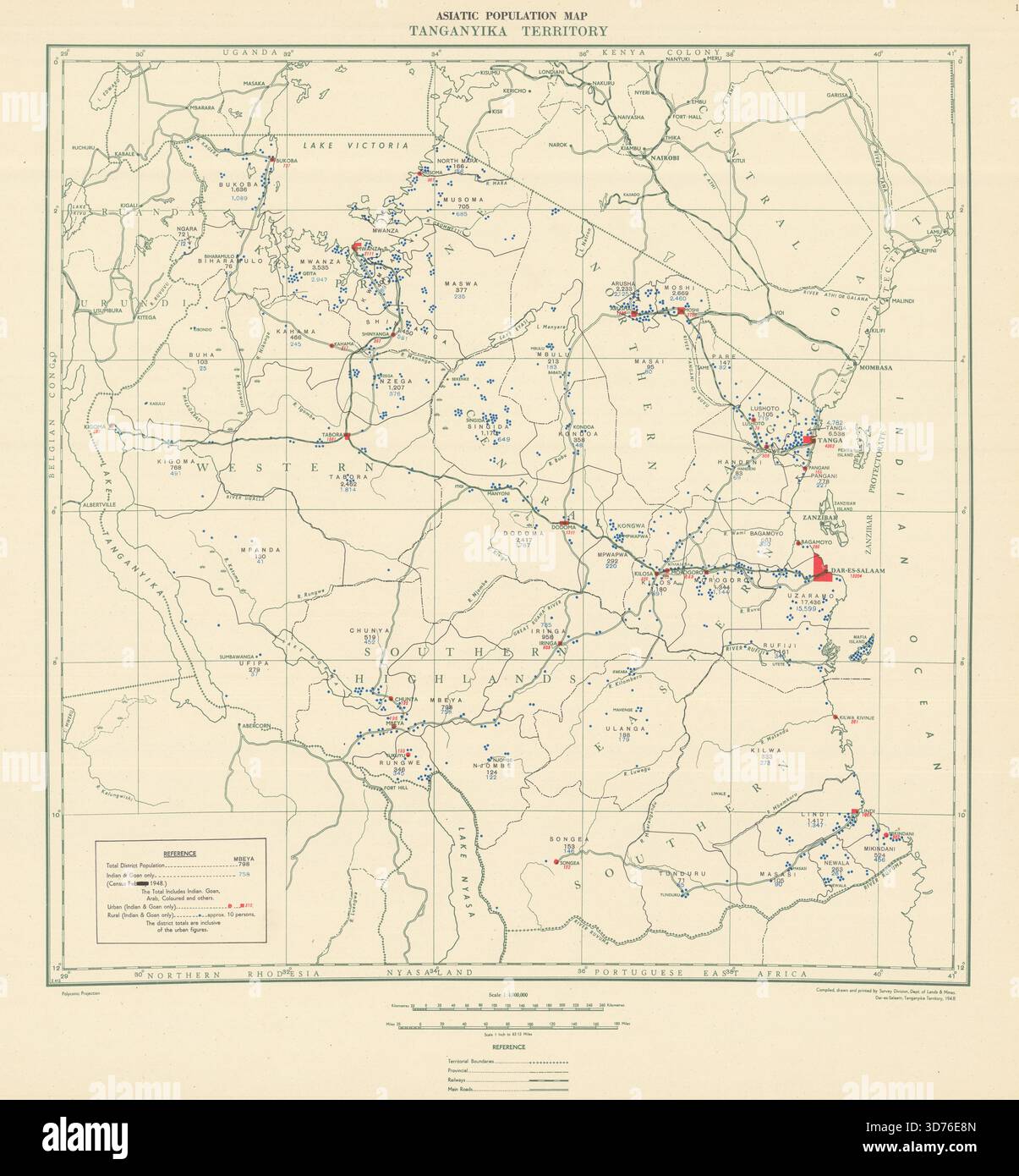 Carte de la population asiatique du territoire du Tanganyika. Tanzanie. Département des terres et des Mines 1948 Banque D'Images