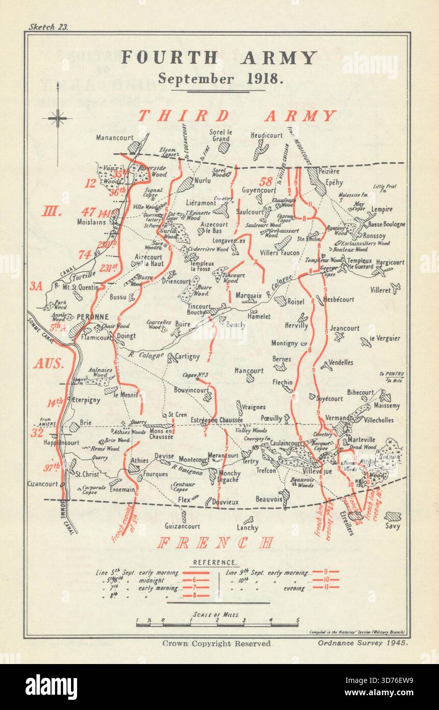 Deuxième bataille de la somme. Quatrième armée, 5-10 septembre 1918. WW1 1947 ancienne carte Banque D'Images