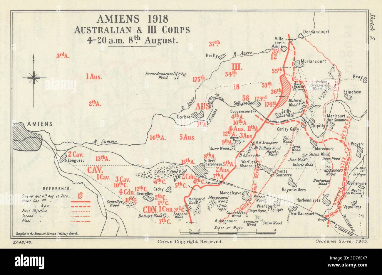 Bataille d'Amiens. Australian & III corps 4,20 AM 8 août 1918. WW1 1947 carte Banque D'Images