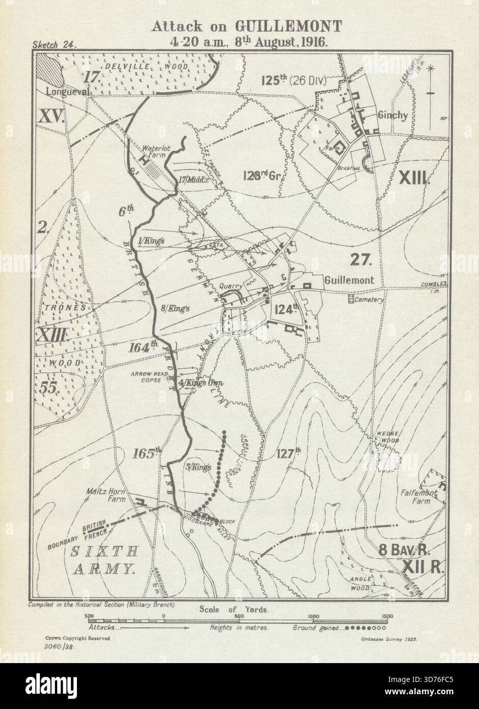 Bataille de la somme. Attaque de Guillemont, 8 août 1916, à 8 h 4,20. WW1 1938 carte Banque D'Images