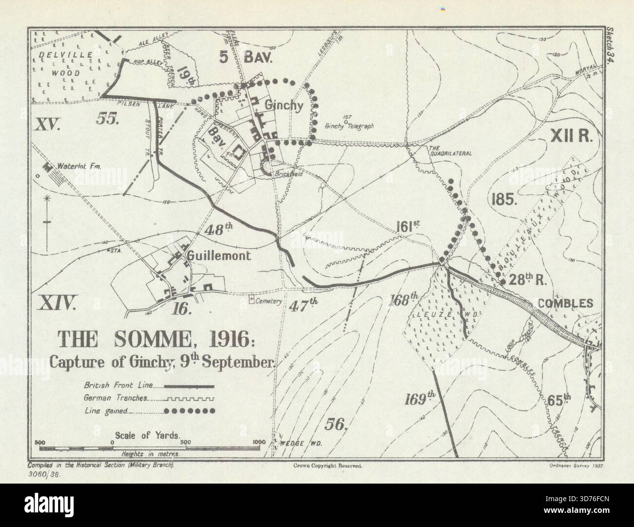 Bataille de la somme. Capture de Ginchy, le 9 septembre 1916. WW1 1938 ancienne carte Banque D'Images