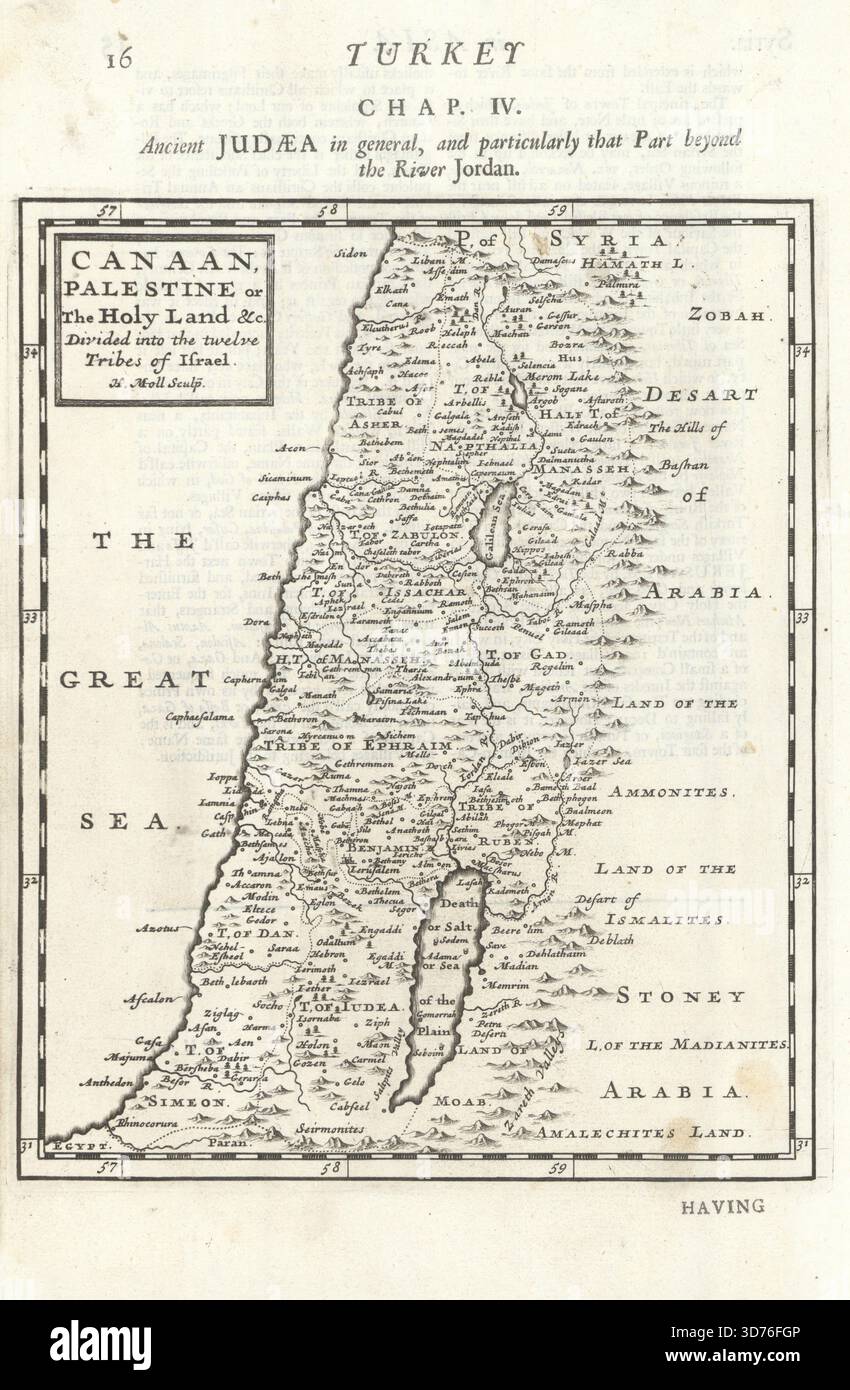 Canaan, Palestine ou Terre Sainte… Douze tribus d'Israël. MOLL 1701 carte ancienne Banque D'Images