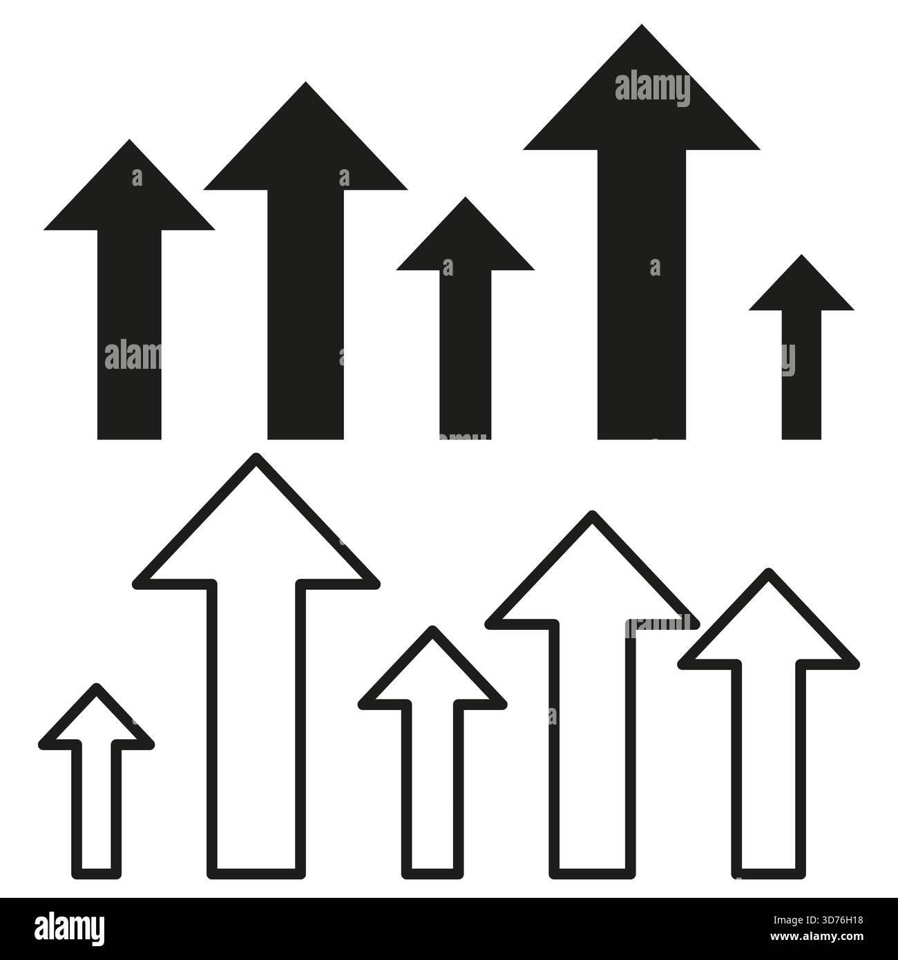 Icônes de flèche de collection. Symbole de direction vers le haut. Ensemble de vecteurs de mouvement de croissance. Graphique de taille différente. SPE 10. Illustration de Vecteur