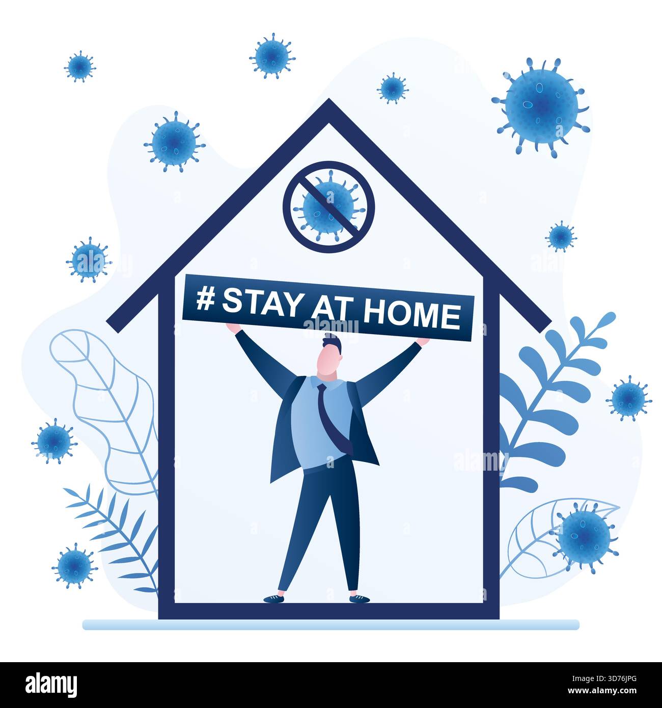 Bannière concept Stay at home. Homme d'affaires à la maison. Auto-isolement, la peur devient infectée. Personnage masculin en quarantaine. Arrêtez le coronavirus, motivant Illustration de Vecteur