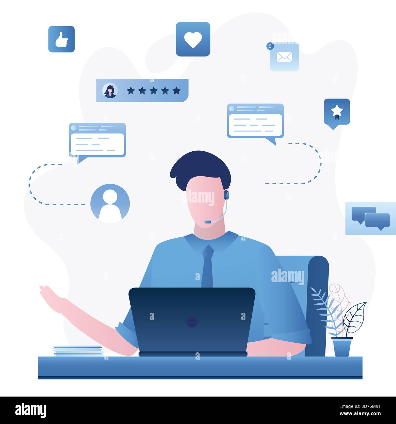 Concept de support client, chat et helpdesk. Bel homme consultant ou assistant parlant avec le client. Assistant de personnage masculin. Support en ligne, commentaires Illustration de Vecteur