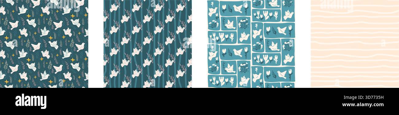 Collection Seamless Patterns de Dove of Peace. Ensemble de fond d'oiseaux folkloriques et de motifs d'olive. Les pigeons répètent l'arrière-plan. Impressions vectorielles de colombes dessinées à la main. A Illustration de Vecteur