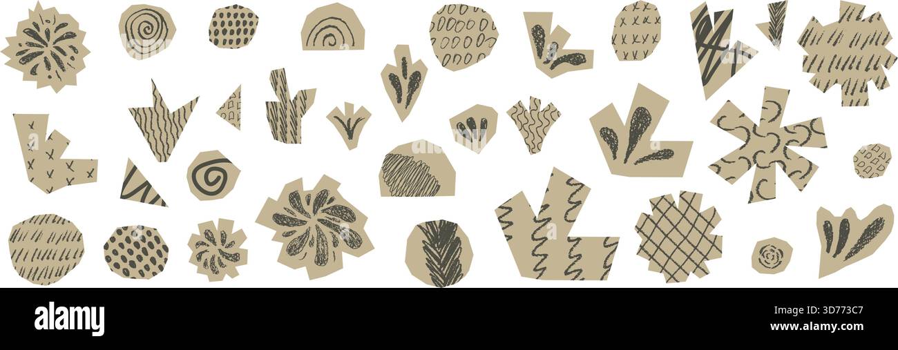 Feux d'artifice et découpes en papier abstrait avec ensemble de texture crayon. Le collage géométrique irrégulier forme doodle. Éléments fabriqués à la main conception moderne d'artisanat en papier Illustration de Vecteur