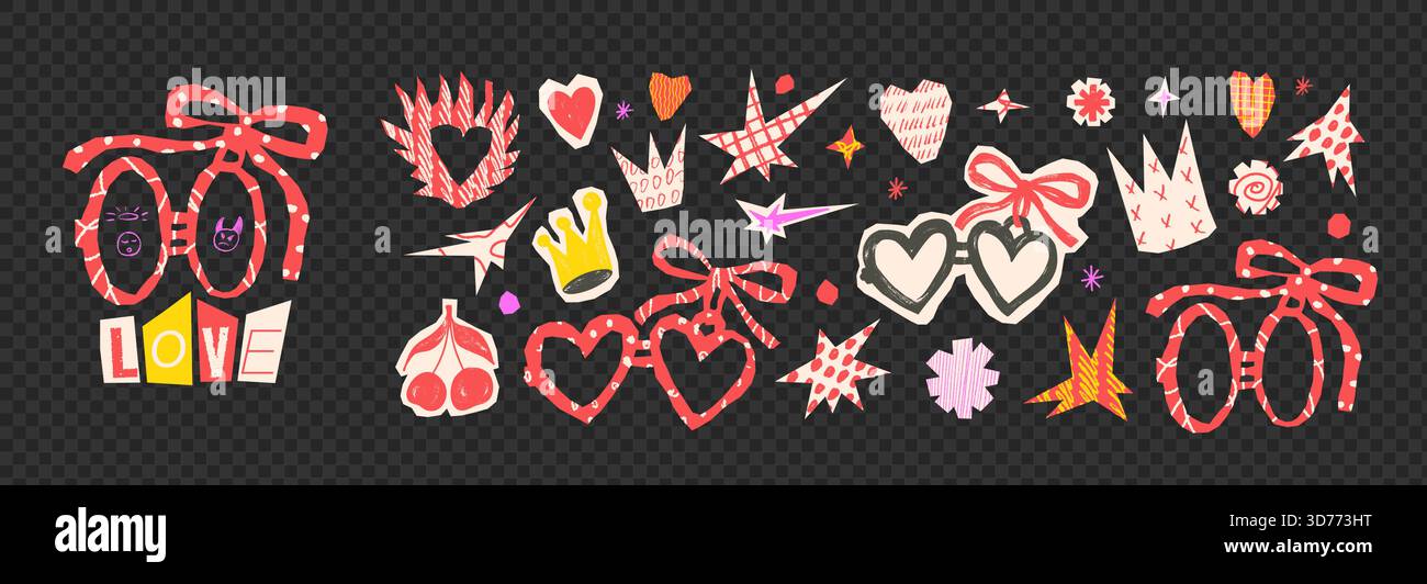 Collage romantique découpe gribouille des éléments. Médaillons de paire de coeurs. Coeur de feu de texture dessiné à la main, papier de collage découpe couronne, ensemble étoile cerise. Scrapboo Illustration de Vecteur