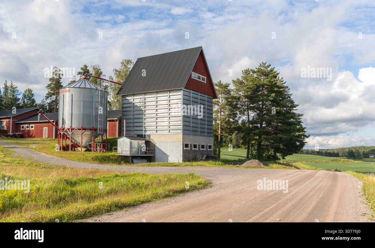 Séchoir à grains moderne et silo cylindrique en acier (du grec ancien σιρός (sirós) 'fosse pour contenir le grain') à Raseborg dans le sud-ouest de la Finlande Banque D'Images
